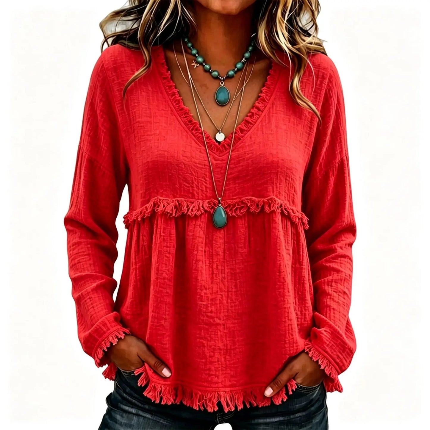 Boho Western Fringe V‑Neck Long Sleeve Blouse, Women Loose Fit Fall Tunic Top