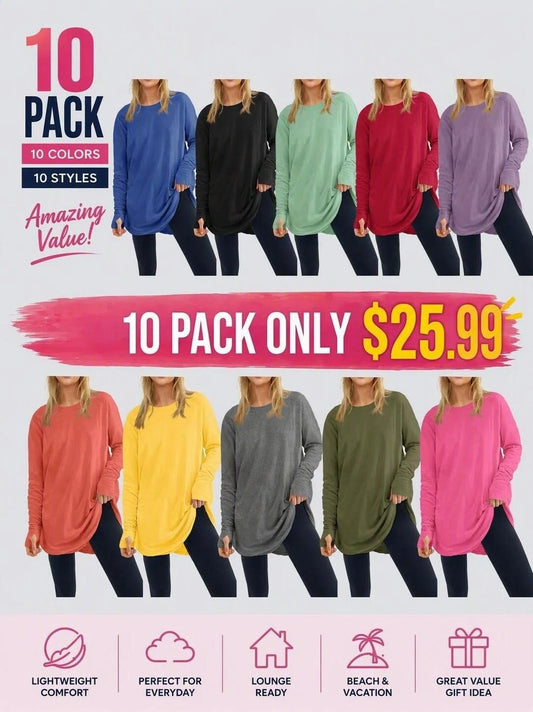 2026 Womens Plus Size Long Sleeve Tunic Tops Crew Neck Loose Fit T Shirts