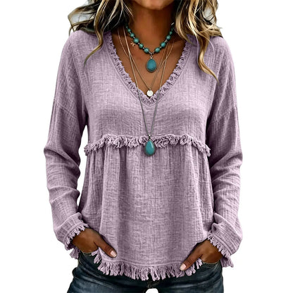 Boho Western Fringe V‑Neck Long Sleeve Blouse, Women Loose Fit Fall Tunic Top