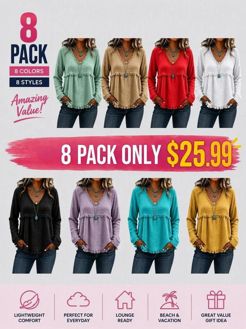Boho Western Fringe V‑Neck Long Sleeve Blouse, Women Loose Fit Fall Tunic Top