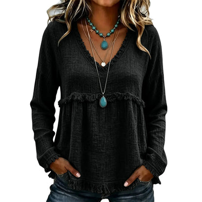 Boho Western Fringe V‑Neck Long Sleeve Blouse, Women Loose Fit Fall Tunic Top