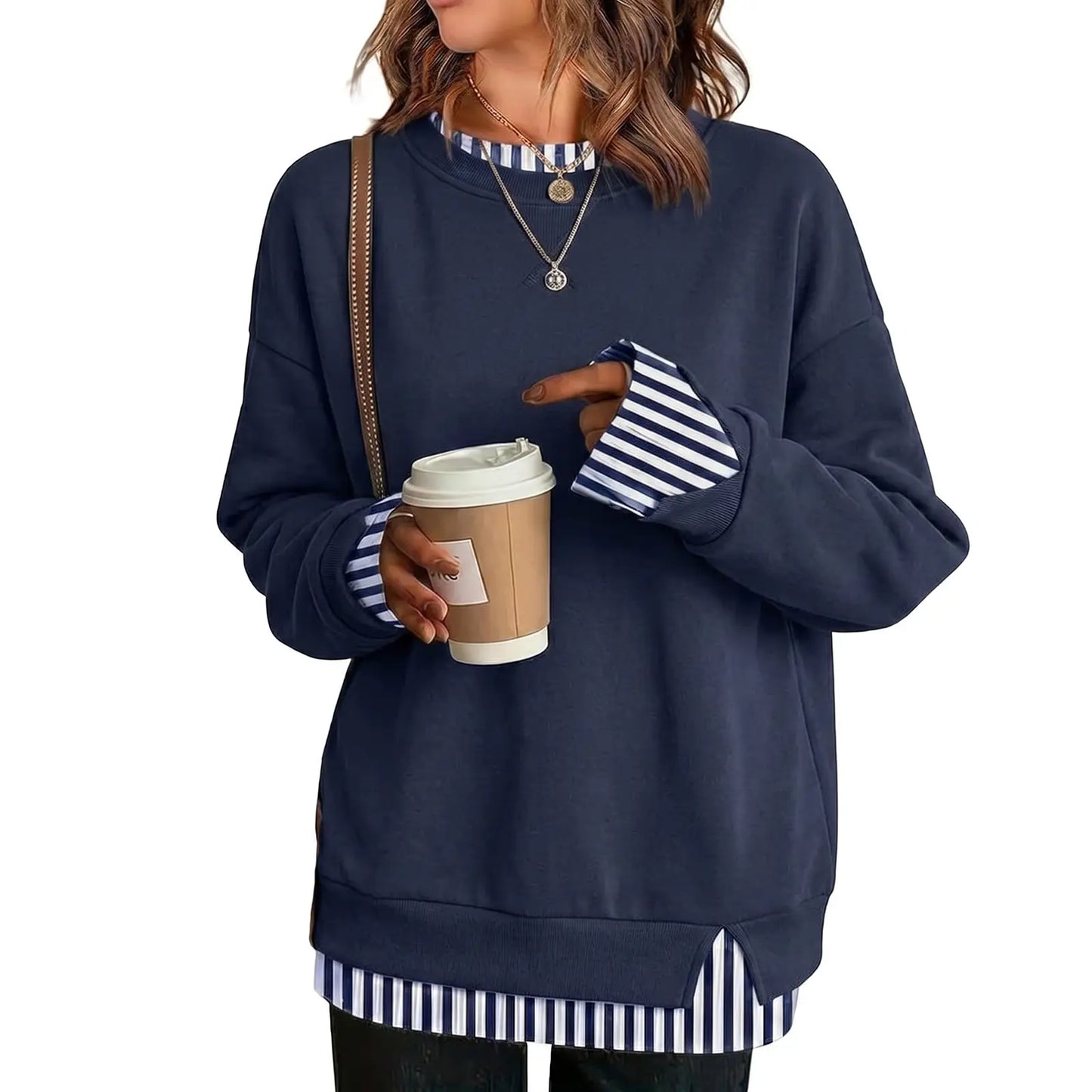 Casual Layered Crew Neck Sweatshirt for Women