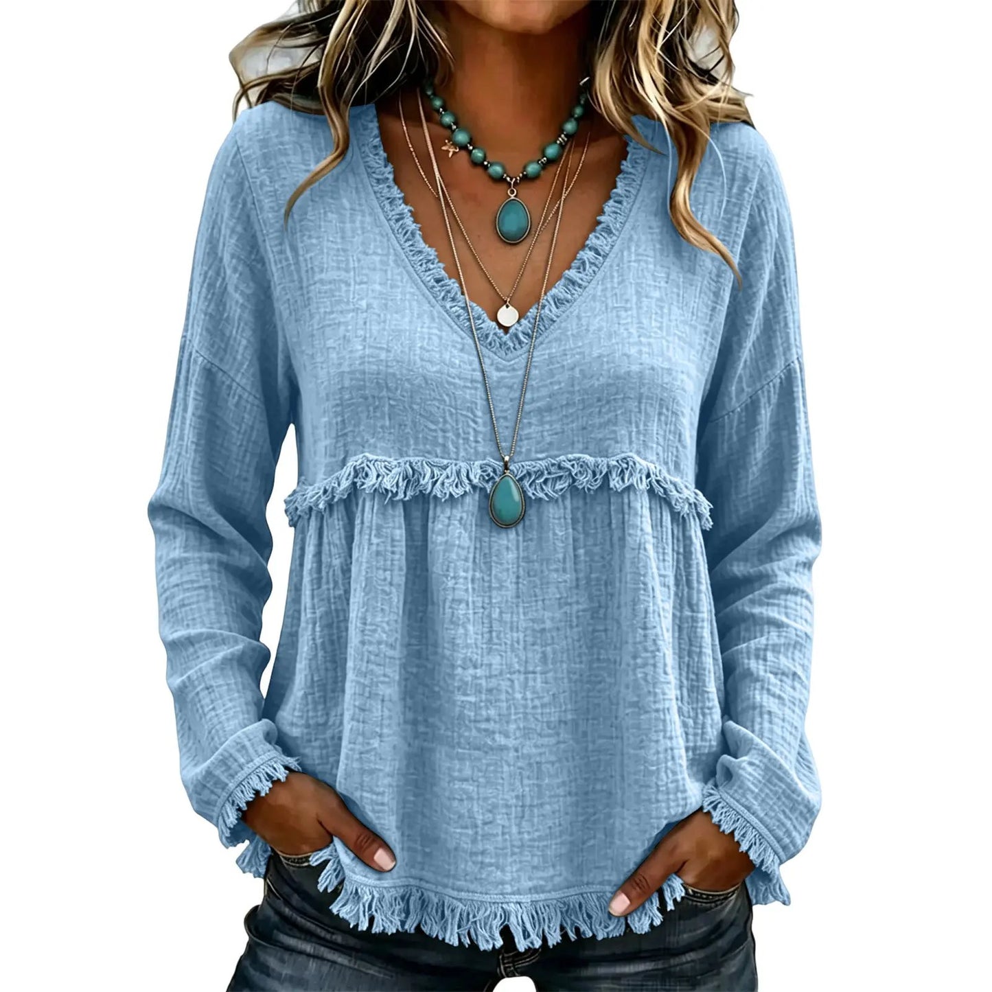 Boho Western Fringe V‑Neck Long Sleeve Blouse, Women Loose Fit Fall Tunic Top