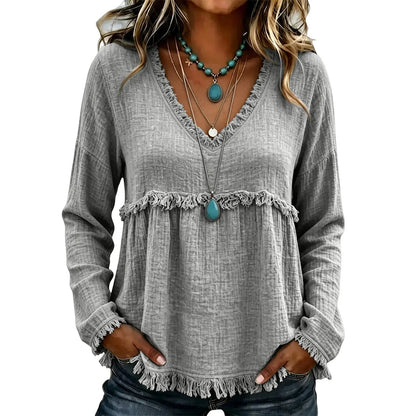 Boho Western Fringe V‑Neck Long Sleeve Blouse, Women Loose Fit Fall Tunic Top
